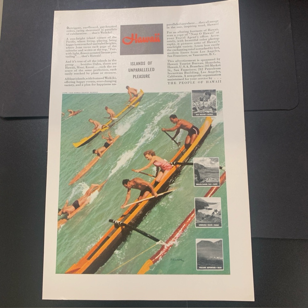Vintage 1940 Hawaii Islands of Unparalleled Pleasure Ad Advertisement